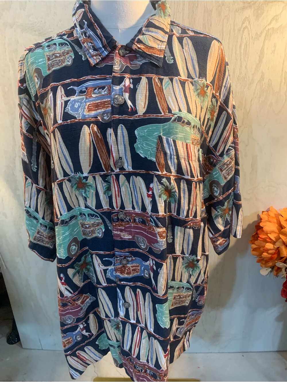Arizona Jean Company Men's Navy Surfboard & Van Print Shirt - Teal, Brown, White